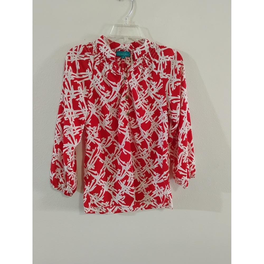 Southern Frock Red White Abstract Print Smocked Neck Blouse XS